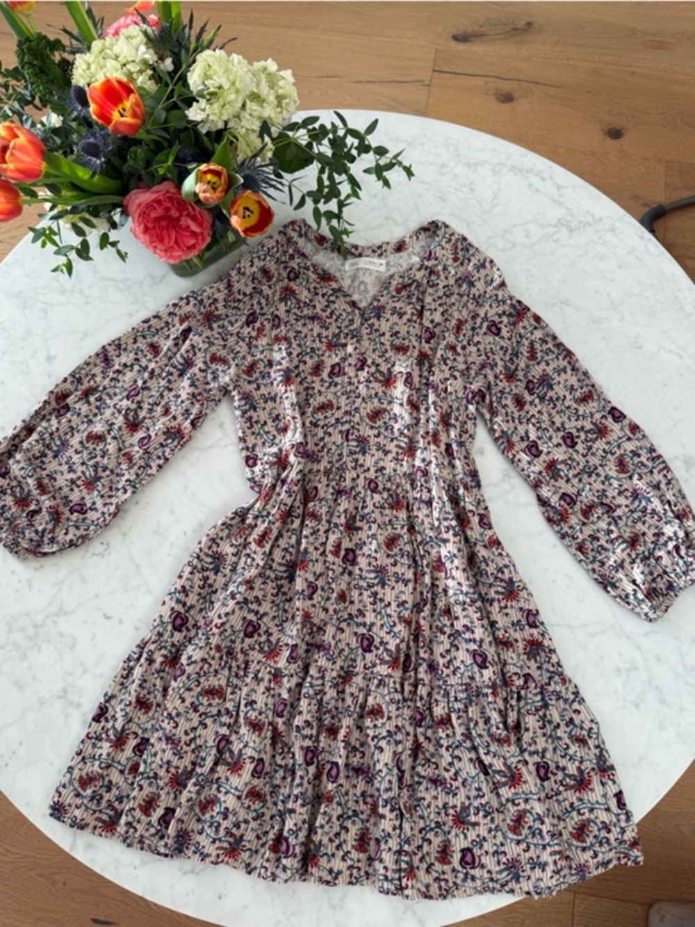 Zara Girls Paisley Boho Dress Size 13 14 Cream Purple Long Sleeve Flowy